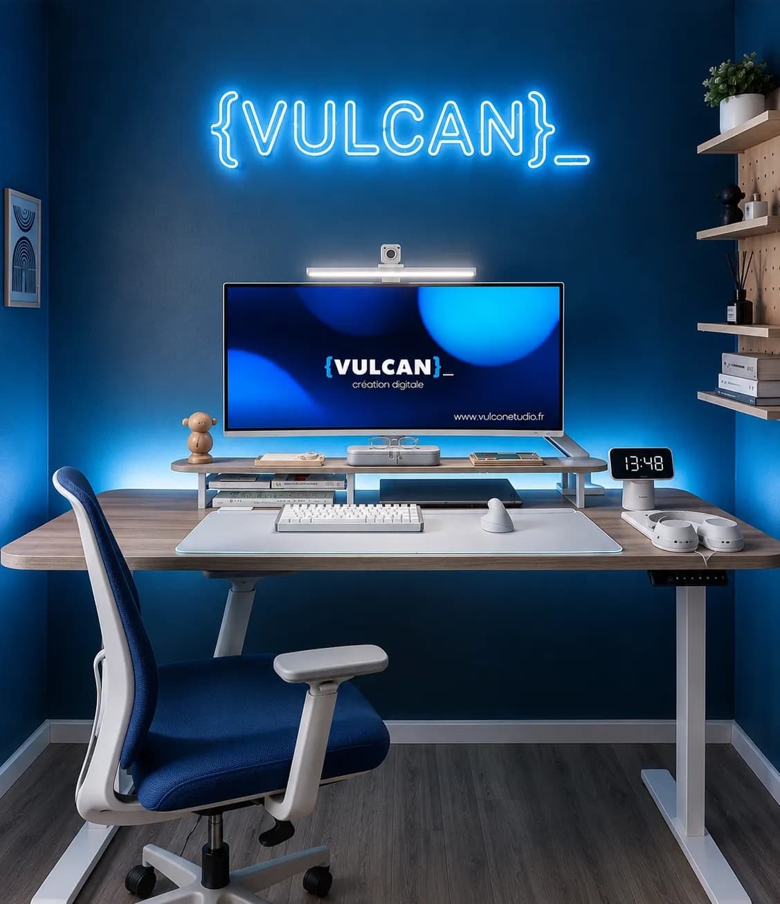 Le bureau de Vulcan Studio Le bureau de Vulcan Studio : néon {VULCAN}_ au mur, écran ultra-large et ambiance bleue